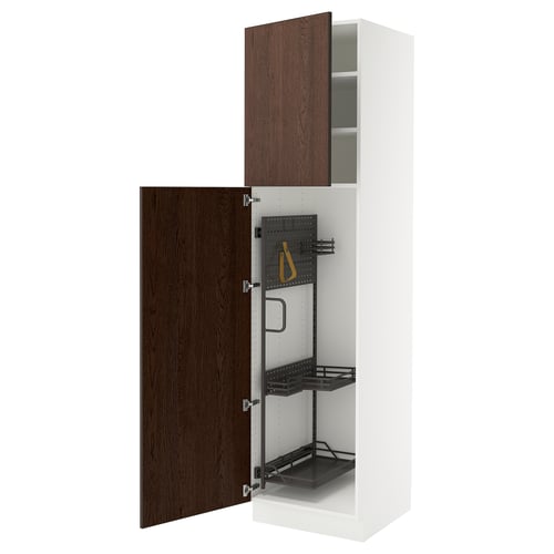 White SEKTION kitchen cabinet with dark brown sinarp oak veneer doors open, showing adjustable shelves.