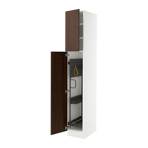 A white IKEA SEKTION kitchen cabinet with dark brown oak doors, open to reveal shelves.