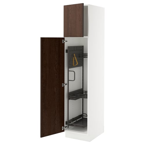 White SEKTION kitchen cabinet with dark brown sinarp wood doors, open showing inner shelves.