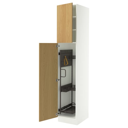SEKTION white tall cabinet, light wood doors; adjustable shelves; soft-close hinges.