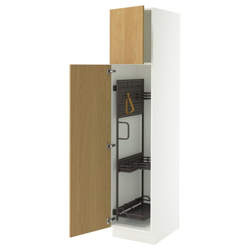 White tall cabinet with wooden doors, one open revealing black interior shelves and hooks.