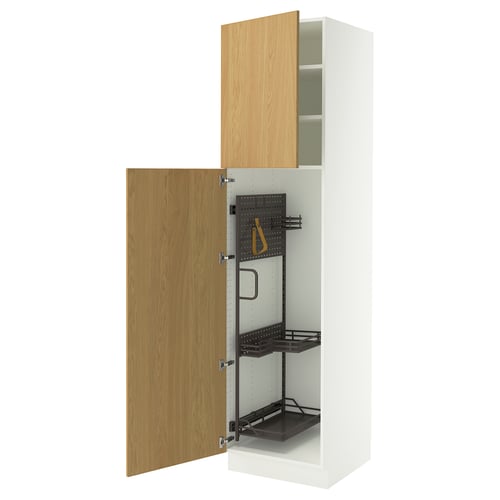 A SEKTION cabinet in white with wooden doors. One door is open, revealing adjustable shelves. The cabinet has a modern design with metal hinges.