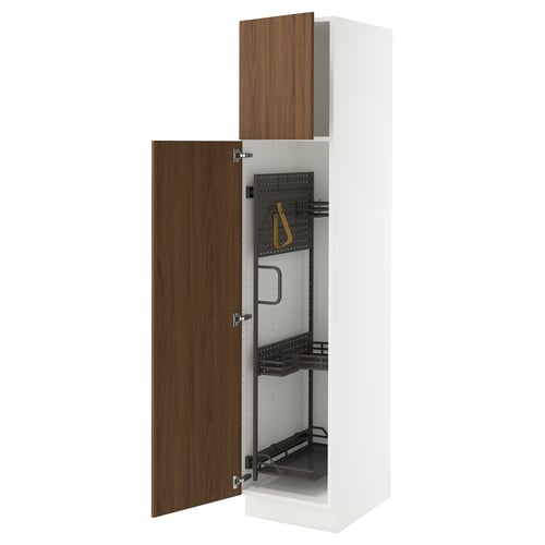 A white SEKTION kitchen cabinet with one wooden door open, revealing adjustable shelves and hanging accessories, ideal for organising tools.