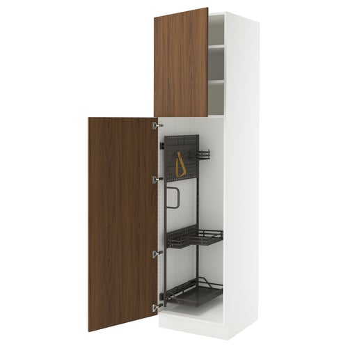 A SEKTION kitchen cabinet with walnut-brown doors and a white frame, showcasing adjustable shelves inside.