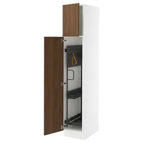 White SEKTION kitchen cabinet with walnut door and adjustable shelves.