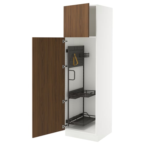 A modern, walnut-colored cabinet with a white frame and adjustable shelves. It a sliding door and a built-in storage system.