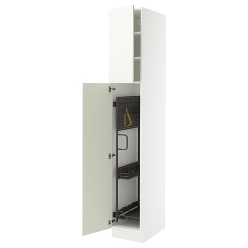 Depicts a SEKTION white tall kitchen cabinet with a single door open, revealing adjustable shelves and a yellow cleaning tool.