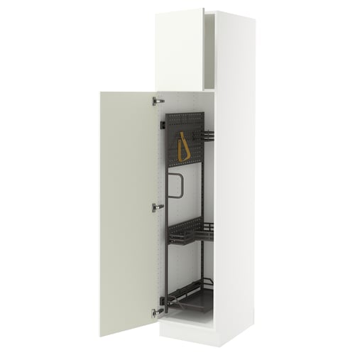 A white SEKTION kitchen cabinet with an open door, revealing adjustable shelves and a pull-out organiser.