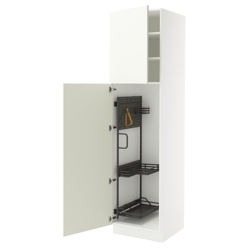 A white SEKTION kitchen cabinet with an adjustable shelf and a hanging strap inside. The cabinet door is open.