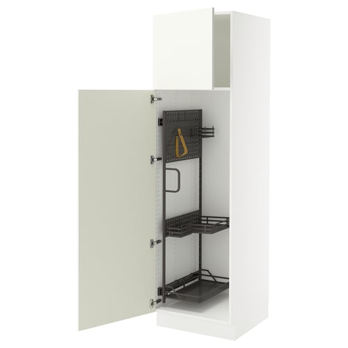 White SEKTION kitchen cabinet with adjustable shelves, a pegboard, and yellow strap, open doorway view.