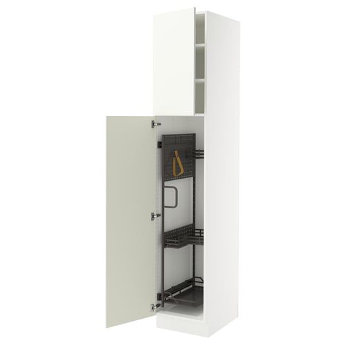 Ikea SEKTION white cabinet with open door, adjustable shelves, and hinged door.
