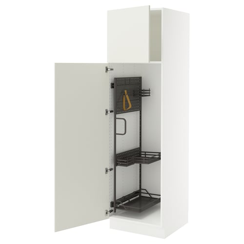 White SEKTION kitchen cabinet with open door, metal shelves and pegboard.