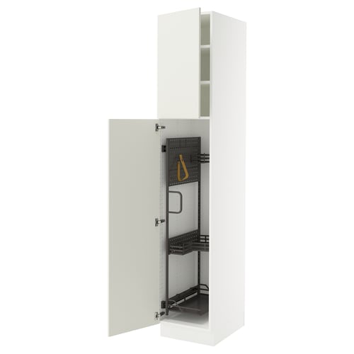 White kitchen cabinet, open showing shelves and hooks. Adjustable, modern design with damper-closing doors.