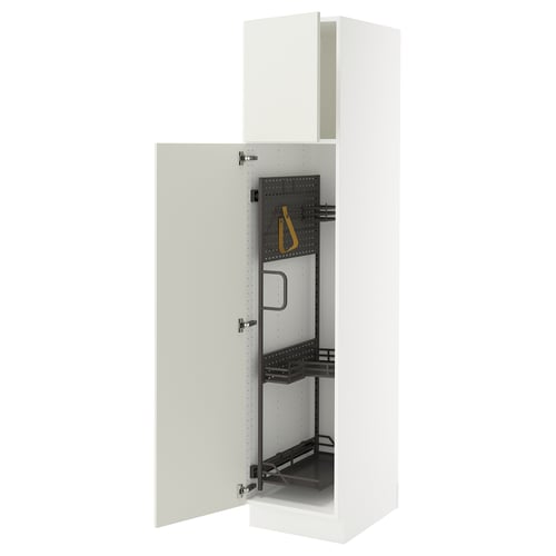 White SEKTION kitchen cabinet with adjustable shelves and yellow strap, open.