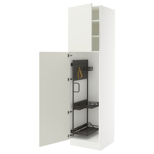 White SEKTION cabinet with adjustable shelves and pegboard, one door open.