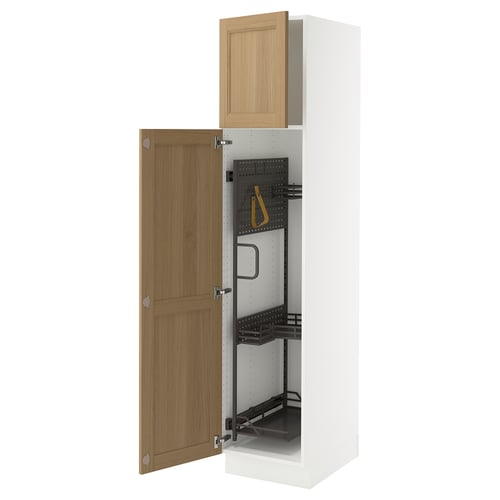 An open ikea SEKTION white kitchen cabinet with oak doors and black adjustable shelves inside.