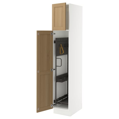 SEKTION white cabinet with oak doors, adjustable shelves, and damper hinges.
