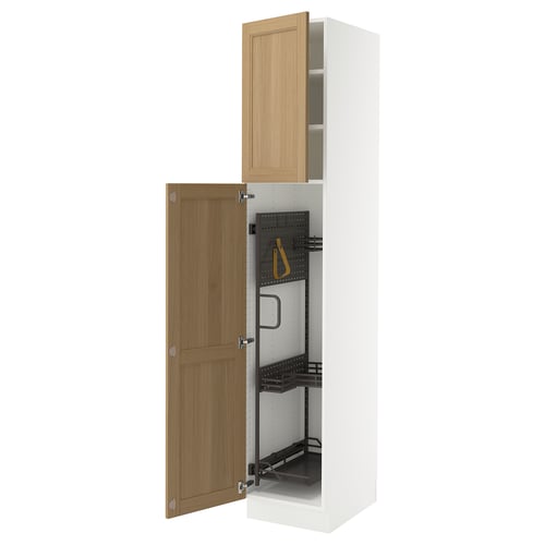 White SEKTION kitchen cabinet with oak doors, open showing shelves and organiser.