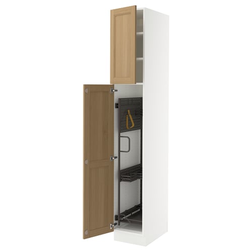 White cabinet with oak doors, open showing shelves.