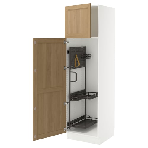 White SEKTION kitchen cabinet with oak door open, showing black organiser and shelf.