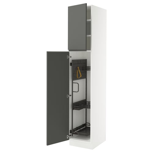 Modern white and dark grey kitchen cabinet with adjustable shelves and quiet-close doors.