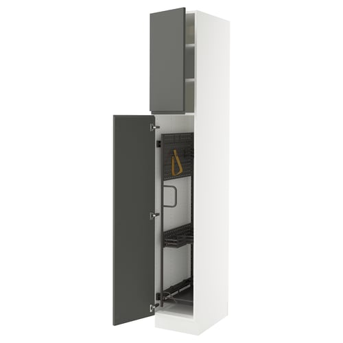 SEKTION kitchen cabinet, white with dark grey doors, open displaying shelves and hinges.