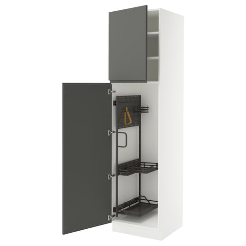 Modern white and grey kitchen cabinet with adjustable shelves and soft-closing doors.