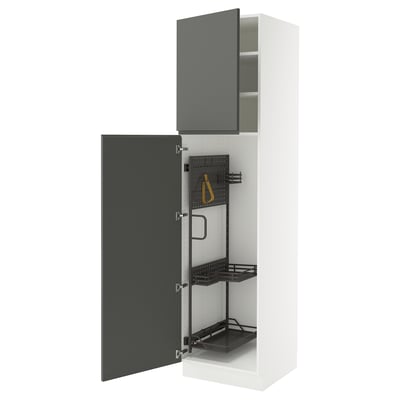 Modern white and grey kitchen cabinet with adjustable shelves and soft-closing doors.
