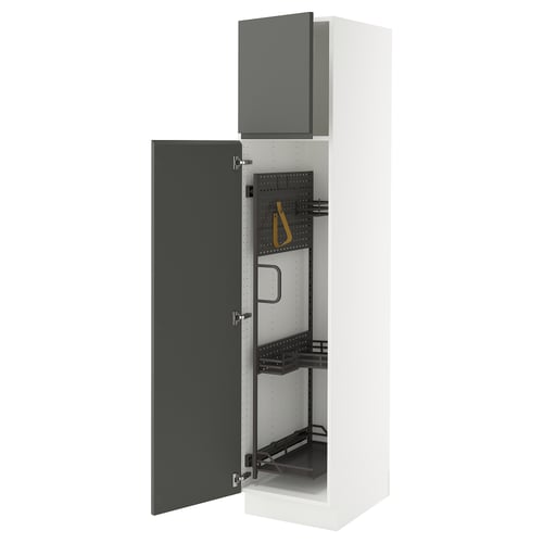 White kitchen unit with dark grey doors, adjustable shelves, and integrated handles.