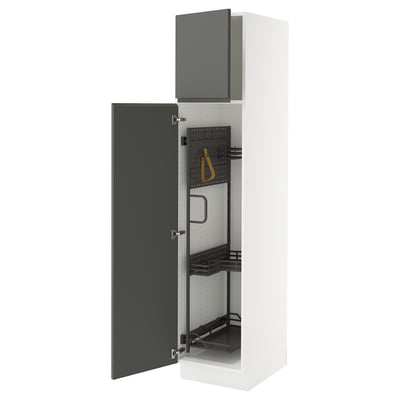 White kitchen unit with dark grey doors, adjustable shelves, and integrated handles.