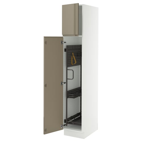White SEKTION kitchen cabinet with open doors, grey-brown interior, adjustable shelves, and nozzle hinges.