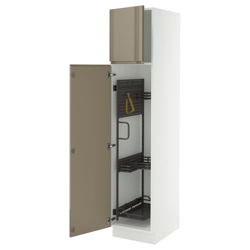 Modern SEKTION kitchen cabinet in white, beige door, open showing shelves.