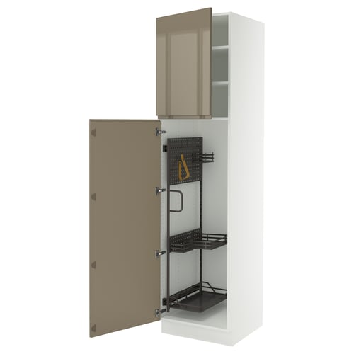 SEKTION white cabinet with brown door, adjustable shelves, top glass door.