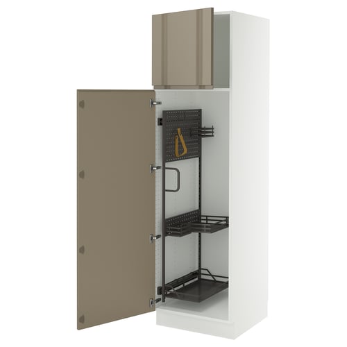 Modern white kitchen cabinet, beech door, open for displaying shelves and hooks.