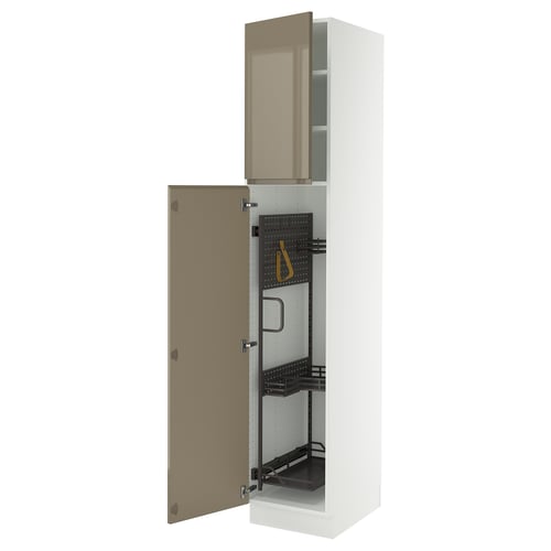 SEKTION white cabinet with dark grey-brown doors, adjustable shelves, soft-closing hinges.