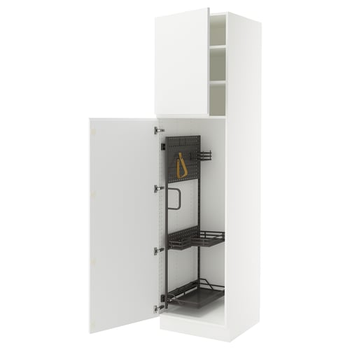 A white SEKTION kitchen cabinet with adjustable shelves and a built-in damping hinge for smooth closure.