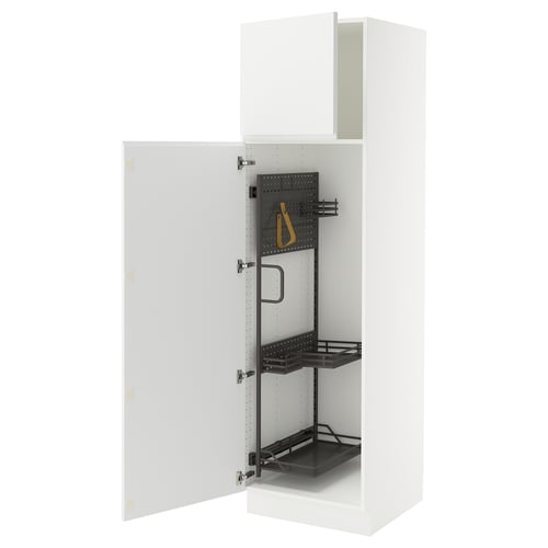 Open white cabinet with black shelves and yellow strap.