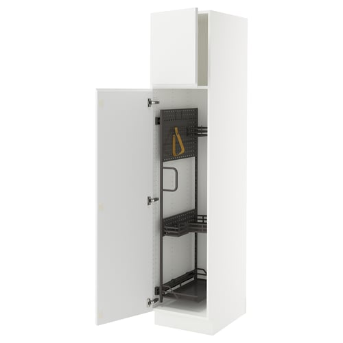 White SEKTION cabinet, open, adjustable shelves, black handle, metal details.