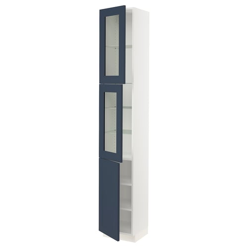 Blue and white tall storage cabinet with glass doors and shelves.