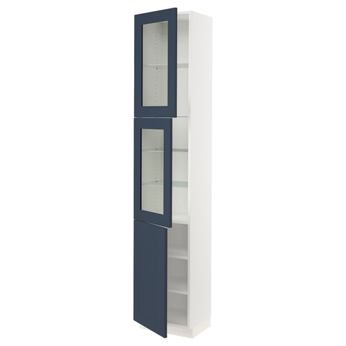 Ikea SEKTION kitchen cabinet with glass doors, white and blue, rectangular, modern style.