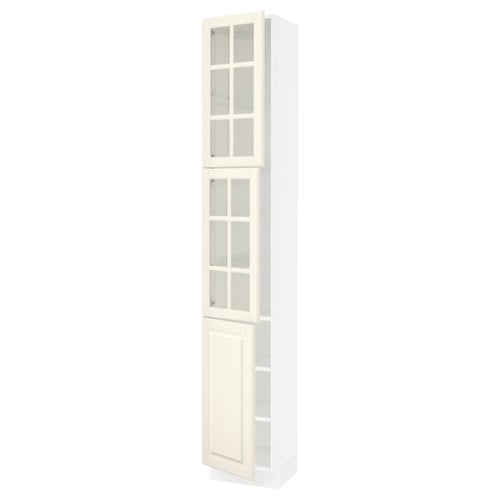 An off-white, vertical storage cabinet from IKEAs SEKTION series with glass panels and shelves.