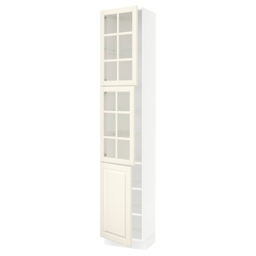 White SEKTION kitchen cabinet with glass doors and off-white frame.
