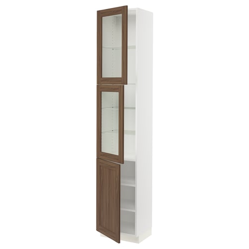 SEKTION kitchen cabinet: white & walnut, glass/wood doors, adjustable shelves.