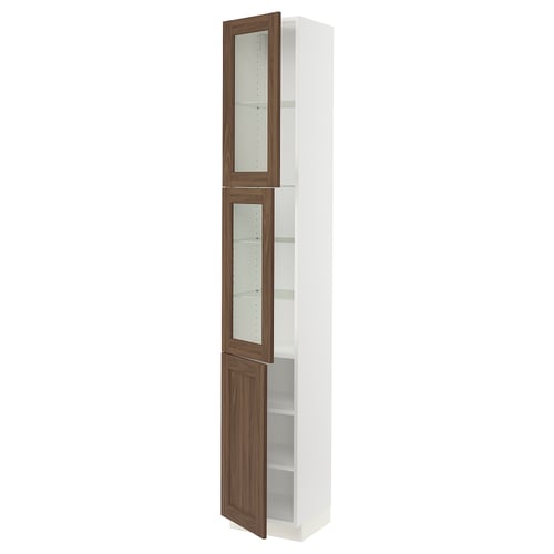 SEKTION kitchen cabinet with walnut foil doors, white frame, adjustable shelves.