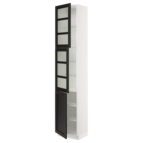 Modern white tall cabinet with black-stained glass doors and adjustable shelves.