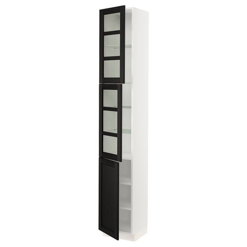 SEKTION kitchen cabinet, white with black-stained glass doors, featuring bevelled edges and adjustable shelves for a traditional look.