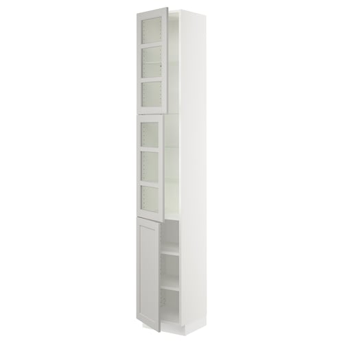 White tall kitchen cabinet with glass doors and shelves, modern design, in SEKTION system.