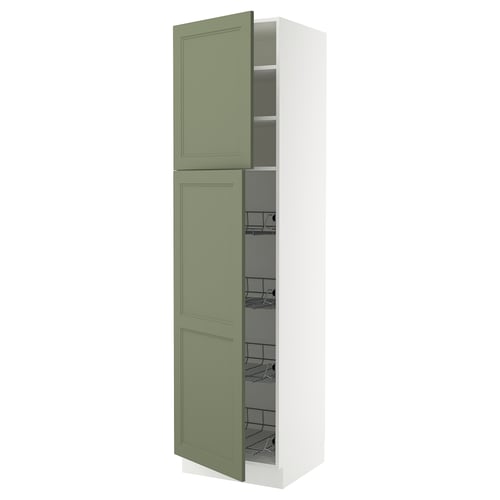 A SEKTION kitchen cabinet with axstad green doors and wire shelves.