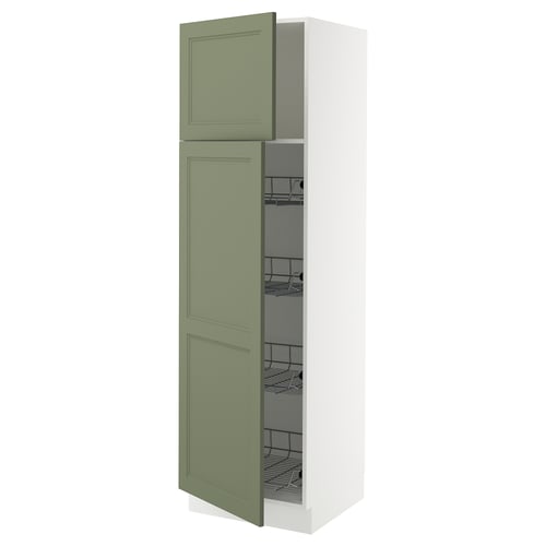 White-green kitchen cabinet, modern, with wire racks, two doors.