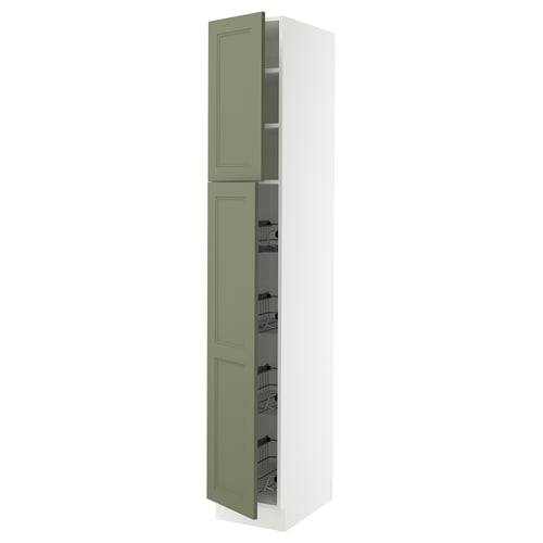 Ikea SEKTION tall green cabinet, wire baskets, white frame.